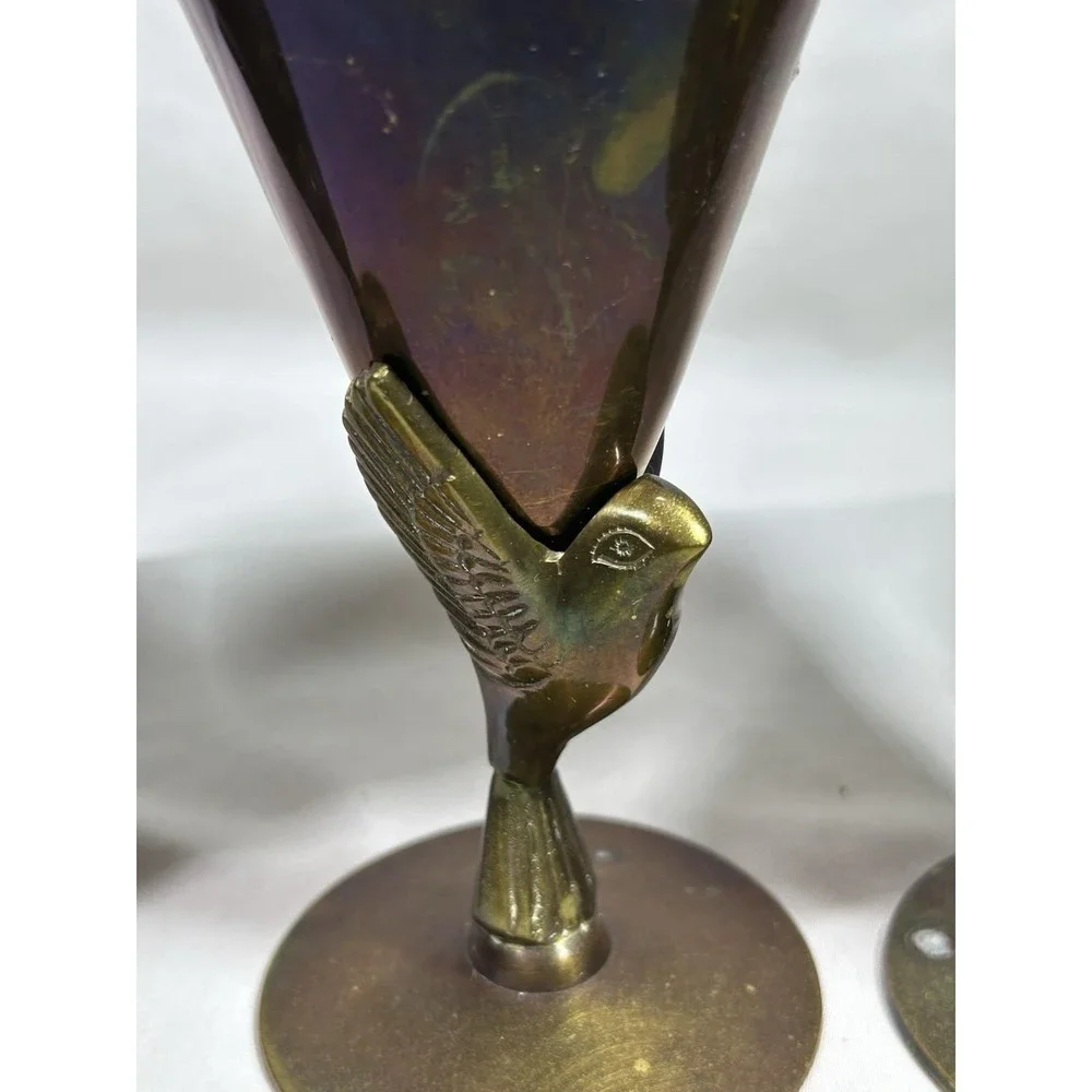 Vintage Godinger Brass Goblet Birds Phoenix Set Of 4 India MCM Mid Century